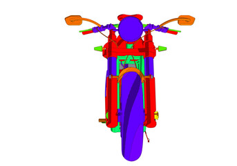 Multi-colored motorcycle, front view.