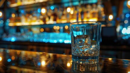 A glass of water placed on the top of a bar, often used in hospitality and refreshment scenes