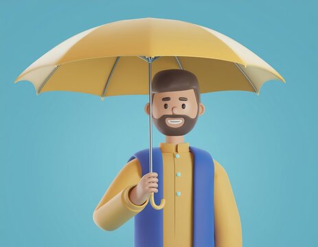 3D cartoon man with a beard smiles while holding a yellow umbrella, 3D illustration