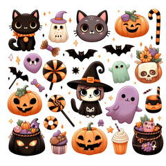 A collection of adorable Halloween-themed icons featuring black cats, pumpkins, ghosts, bats, and witch accessories in a playful cartoon style.