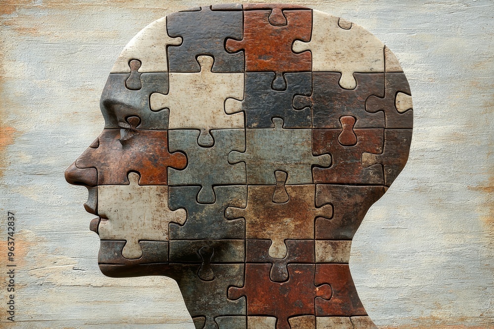 Aufkleber brain anatomy neuronal dynamism side profile of a human head made of metallic puzzle pieces symboliz