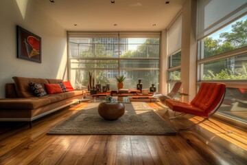 A warm and inviting living room with comfortable furniture and natural light from the large windows