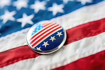 A patriotic button with the American flag as its backdrop, suitable for patriotic events or decorations
