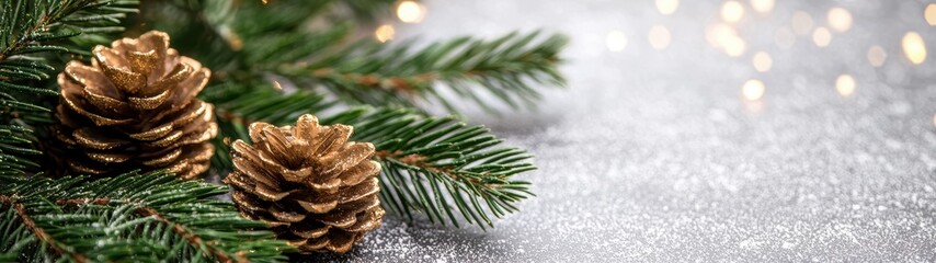 Fototapeta premium Festive pine branches with golden pine cones on a snowy background