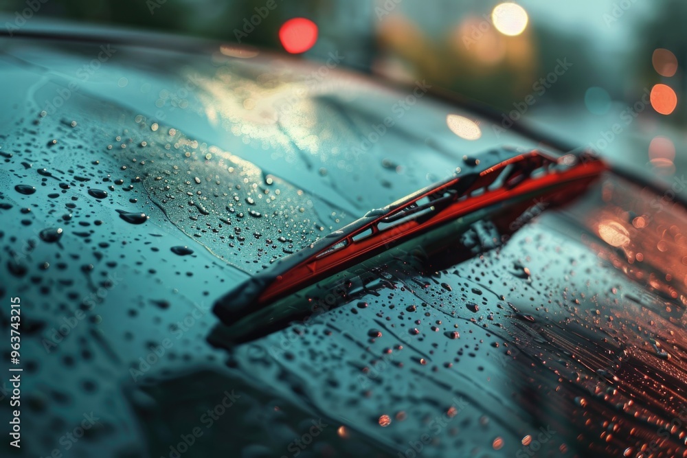 Poster a car windshield wiper moving back and forth in the rain, suitable for use as a background or to ill