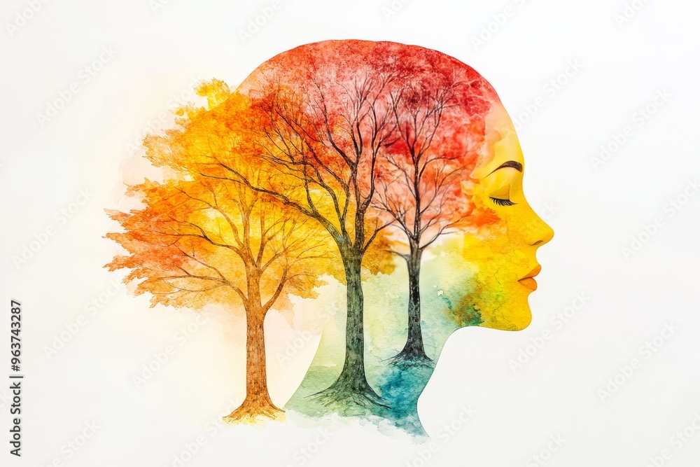 Poster neurofunctionality neuronal dynamism artistic profile of a woman with trees merging into her head sy
