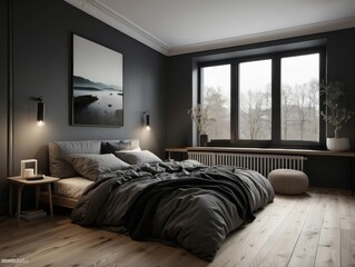 Modern Minimalist Bedroom with Grey Walls and Wooden Flooring
