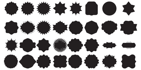 Black label set or starburst badge for promotions. Price promo tags, retro black circle stickers with a wavy edge, and emblems with discounts or special offers. Sunburst symbols or starburst callouts 