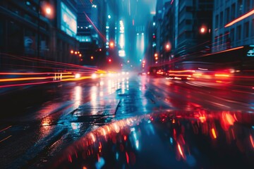 A busy city street with heavy traffic at night