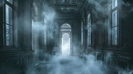 A haunted castle with eerie specters lingering in the shadows on a moonlit night.