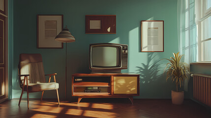 Old fashioned vintage retro design room with retro tv. abstract illustration. Retro. Illustration