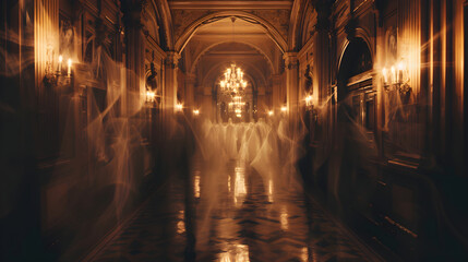 Fototapeta premium An eerie castle at night with ghostly figures floating around its shadowy walls and turrets.