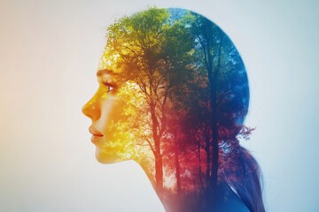 Subcortical structures Intellectual horsepower Side profile of a woman with colorful trees growing inside her symbolizing personal growth inner reflection and cognitive transformation