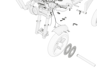Disassembled motorcycle on a white background. Unique design. 