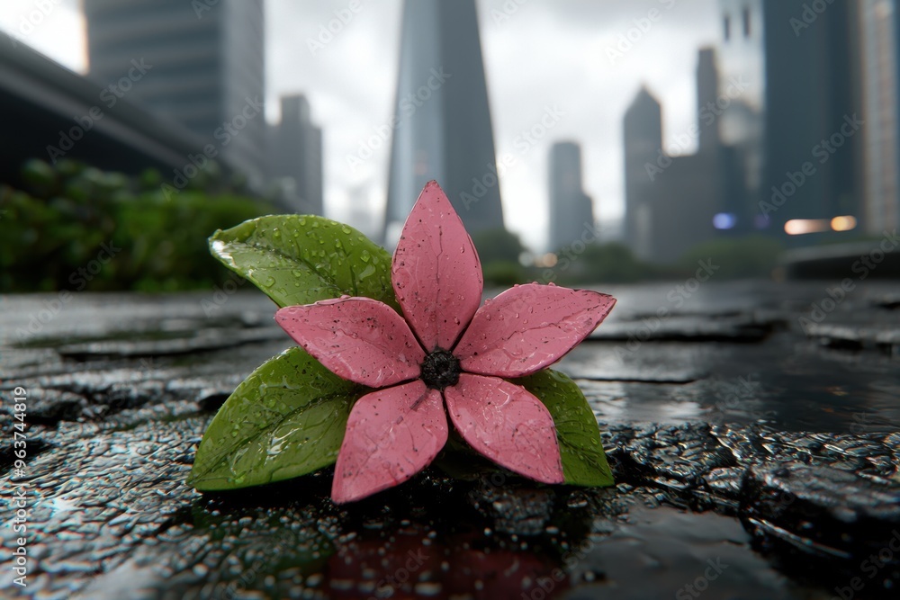 Wall mural vibrant pink flower in urban setting