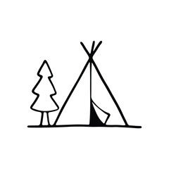 A simple line drawing of a traditional triangular tent next to a pine tree in a minimalistic style