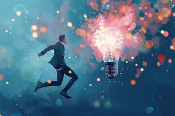 A businessman is rushing to his goal, symbolized by the bright light bulb