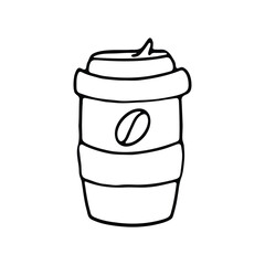 hand drawing of a coffee cup with a coffee bean icon on the front.