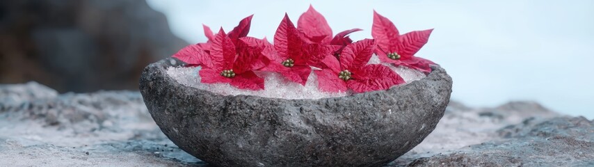 red poinsettia flowers in a stone bowl