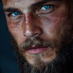 Obraz premium Intense gaze of a bearded man with piercing blue eyes
