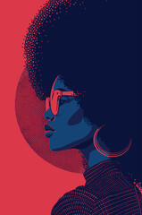 Red Black Flat Illustration of Stylish African Girl, Half Tone Effect, Modern Lady with Sunglasses