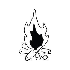 hand-drawn black and white illustration of a campfire with flames rising above logs.