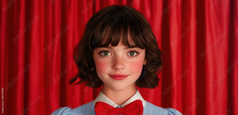 Poster young girl with dark hair and red bow tie