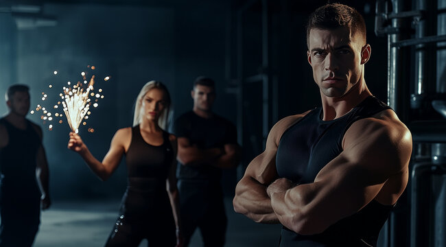 A muscular man stands in front, arms crossed, while a woman behind him holds a sparkler, with two bodyguards in the background. - Powered by Adobe