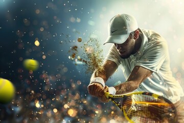 A person hits a tennis ball with a racket, perfect for sport or fitness concepts
