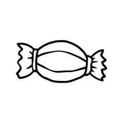 A simple black and white line drawing of a wrapped candy.