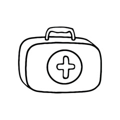 A black and white line drawing of a first aid kit with a prominent medical cross symbol in the center.