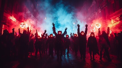 Silhouettes of people in scary masks during a night parade with red and blue smoke in the background.