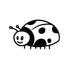 A cute black and white illustration of a smiling ladybug with spots on its back.