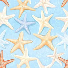 Seamless Pattern of Colorful Starfish on Blue Water Background.