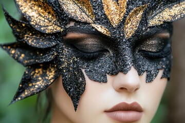 Glamorous woman wearing a sparkly black and gold mask