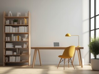 Minimalist Home Office with Yellow Chair and Desk Lamp
