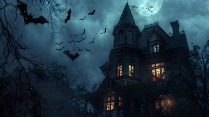 A haunted house with a ghostly glow, surrounded by bats in the moonlit night sky.