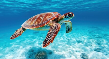 Fototapeta premium Colorful sea turtle swimming in blue ocean