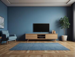 Modern Living Room Interior with Blue Walls and Wooden Furniture