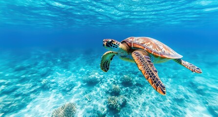 Fototapeta premium Colorful sea turtle swimming in clear blue ocean water