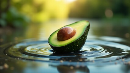 A ripe avocado floating in water, cut open to reveal its vibrant green flesh and seed, against a lush, sunlit backdrop