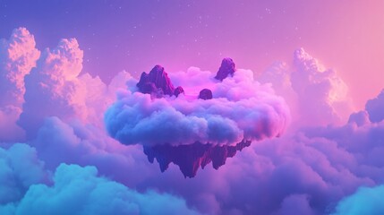 A mystical floating island nestled among vibrant clouds at dusk, radiating a dreamlike glow.