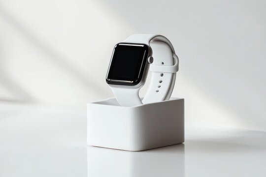 White Apple Watch on White Stand with Black Screen