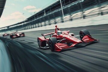 A bright red racing car speeds down a winding race track, ready for the next lap