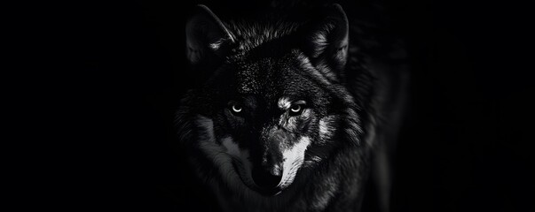 Wolf with Bright Eyes Staring into the Darkness