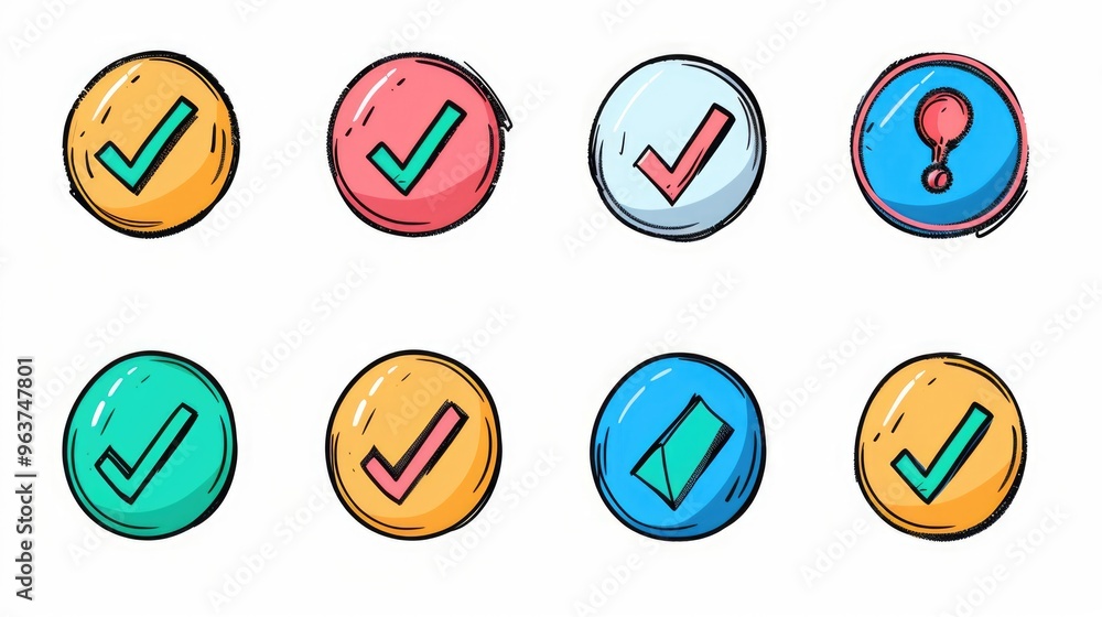 Poster a collection of variously colored buttons arranged on a clean white surface