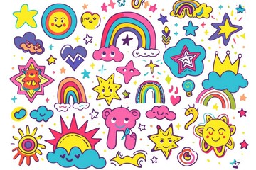 Various stickers arranged on a white background