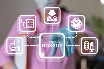 Doctor or pharmacist or laboratory assistant using virtual touch screen presses word: DOSAGE. Daily dosage time medical pharmacy concept. Medicine dose time prescription.