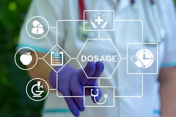 Doctor or pharmacist working on virtual touch screen presses word: DOSAGE. Daily dosage time...
