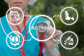 Doctor using virtual touch screen presses word: ASTHMA. Asthma Disease Risk Factors Symptoms...